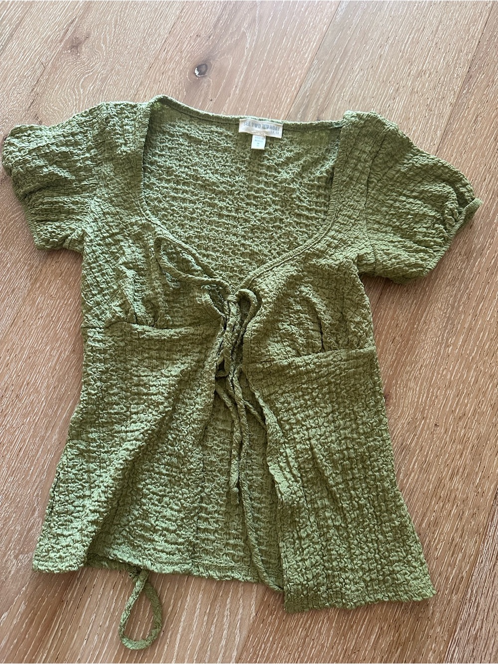Olive Green Tie-Front Textured Top - Unknown Brand